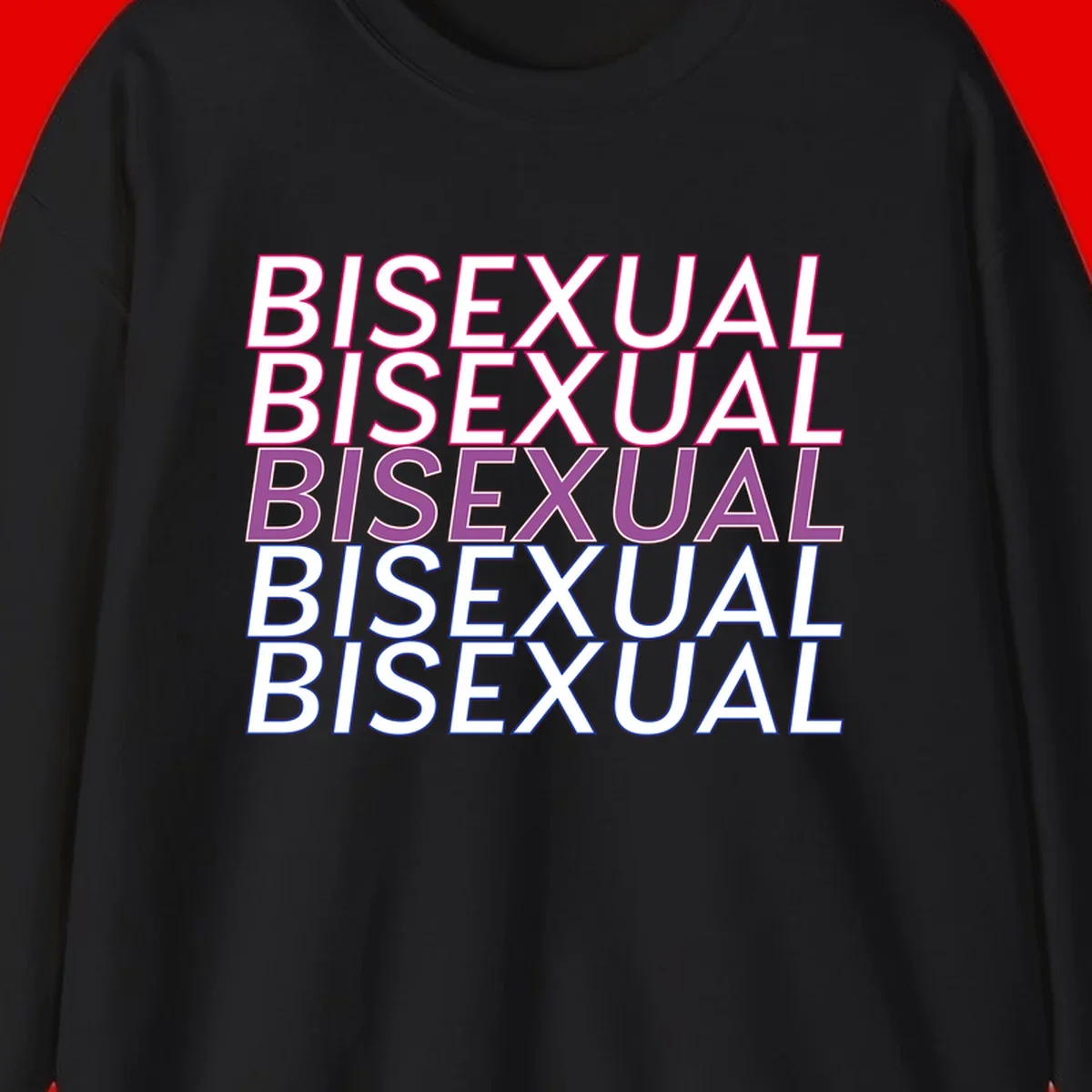Bisexual pride flag design with the word 'BISEXUAL' repeated four times in stacked magenta, purple, and blue outlined letters