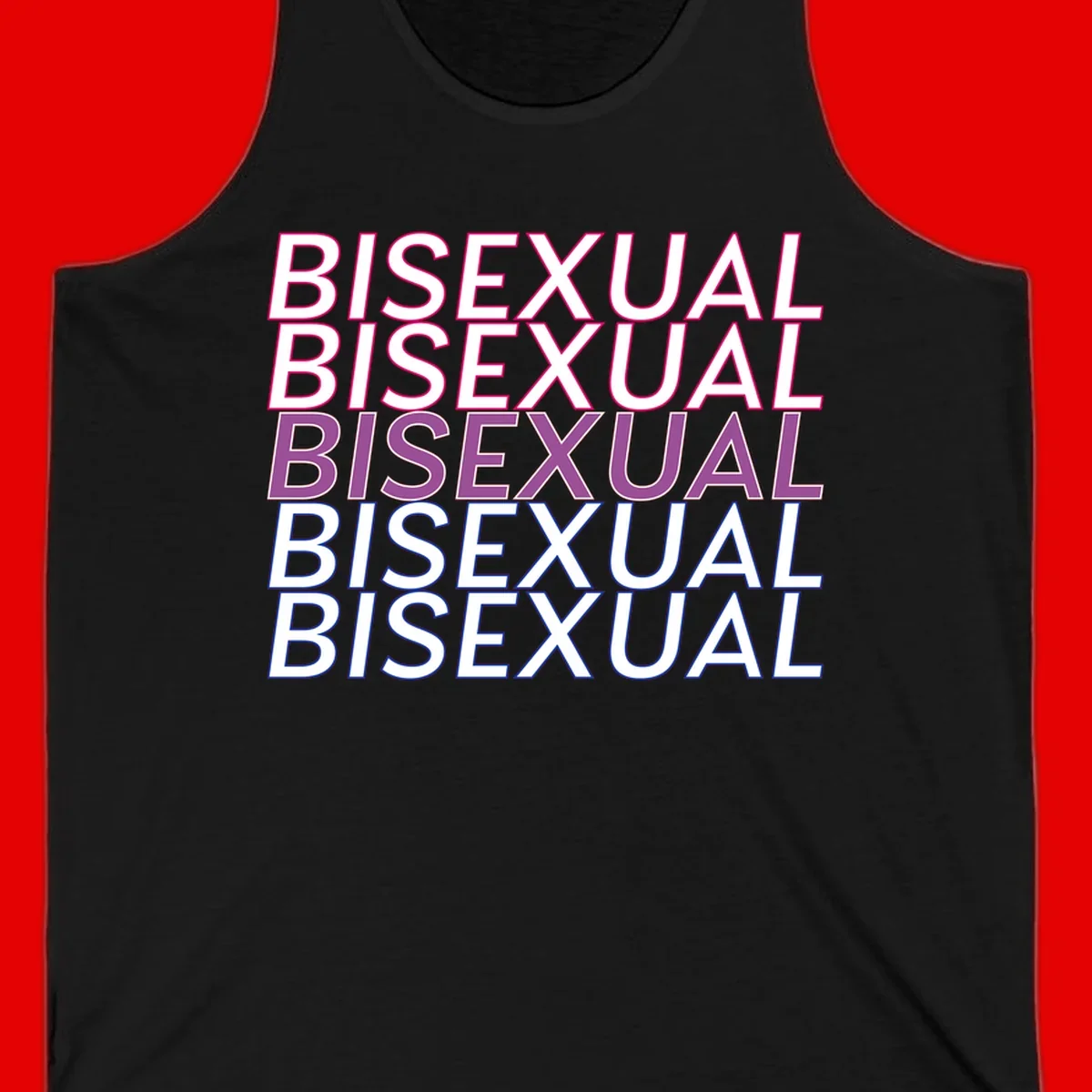 Bisexual pride flag design with the word 'BISEXUAL' repeated four times in stacked magenta, purple, and blue outlined letters