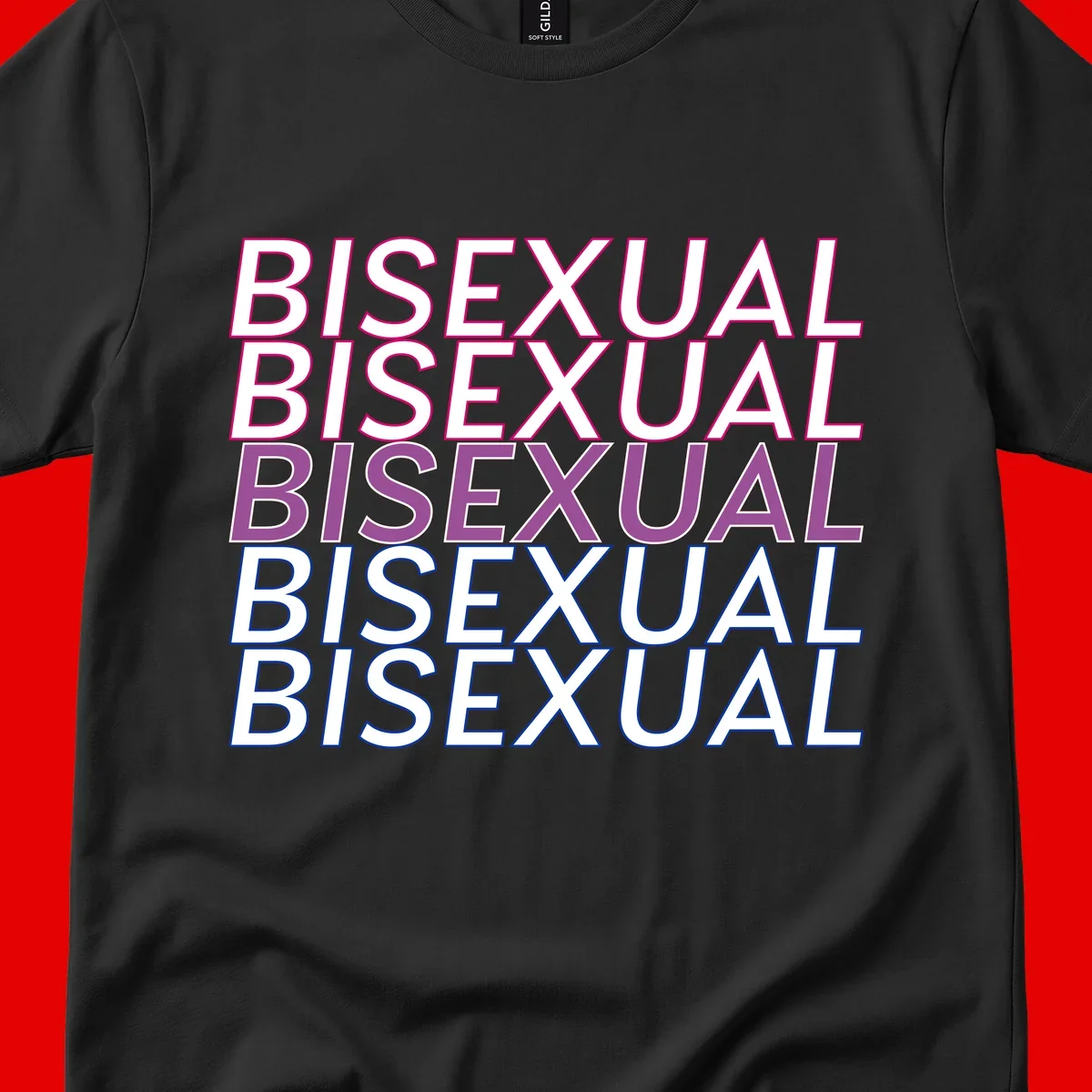 Bisexual pride flag design with the word 'BISEXUAL' repeated four times in stacked magenta, purple, and blue outlined letters