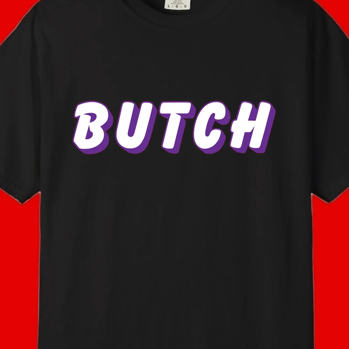 Bold purple and white 3D block letters spelling 'BUTCH' with shadow effect on gray background