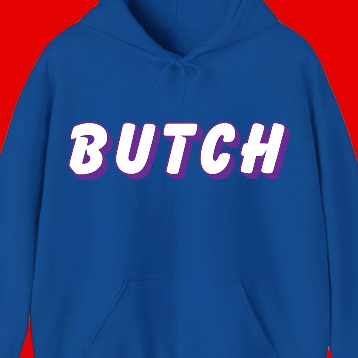 Bold purple and white 3D block letters spelling 'BUTCH' with shadow effect on gray background
