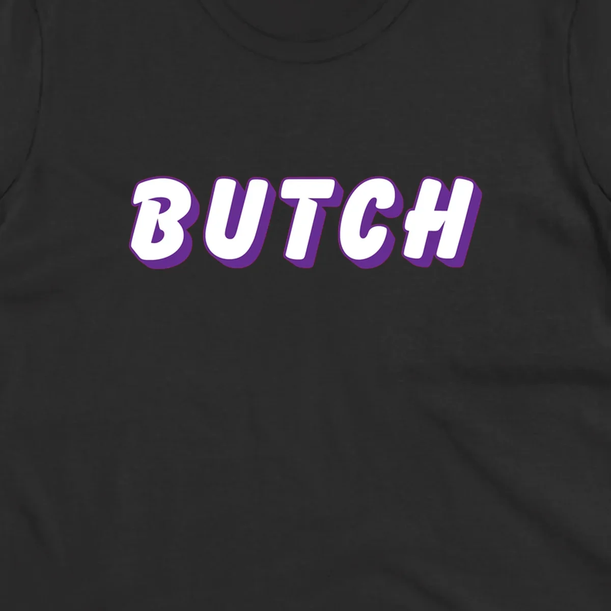 Bold purple and white 3D block letters spelling 'BUTCH' with shadow effect on gray background