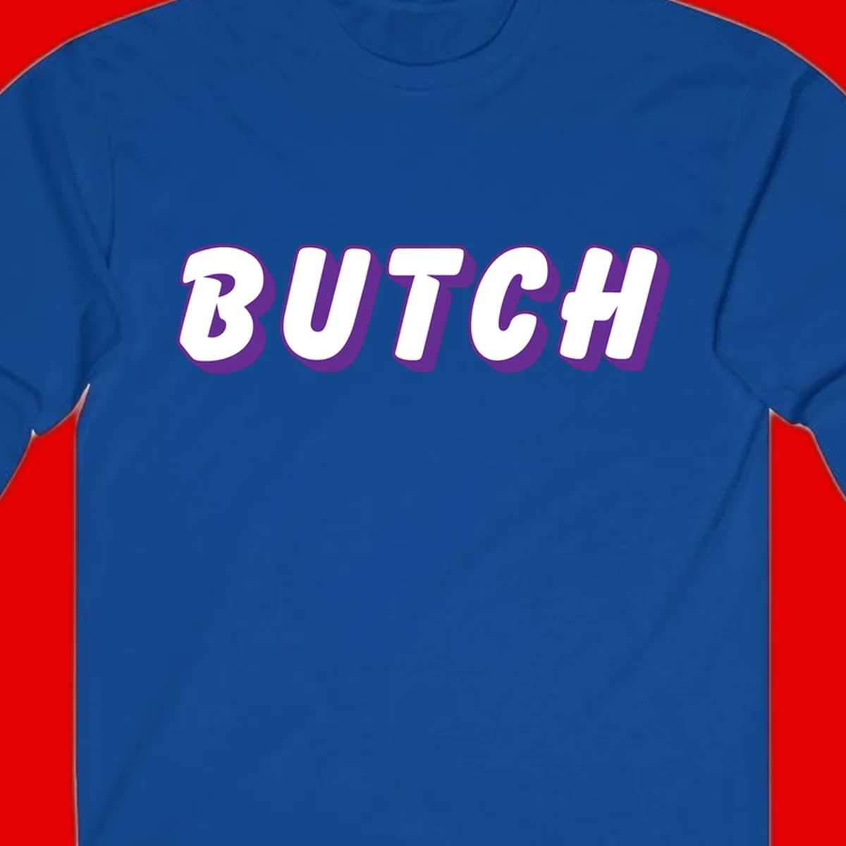 Bold purple and white 3D block letters spelling 'BUTCH' with shadow effect on gray background
