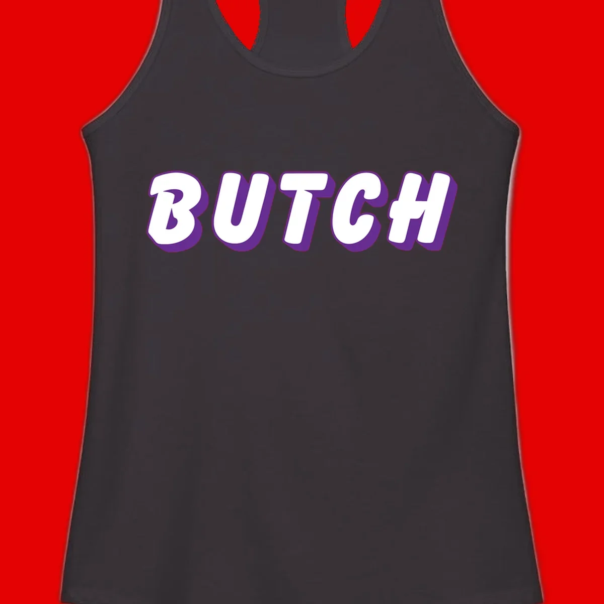 Bold purple and white 3D block letters spelling 'BUTCH' with shadow effect on gray background