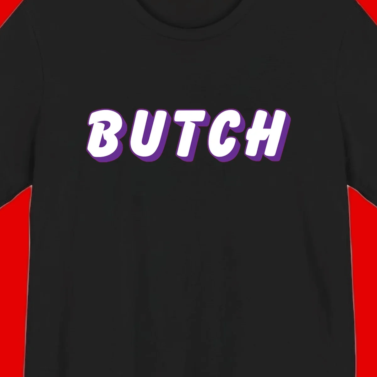Bold purple and white 3D block letters spelling 'BUTCH' with shadow effect on gray background