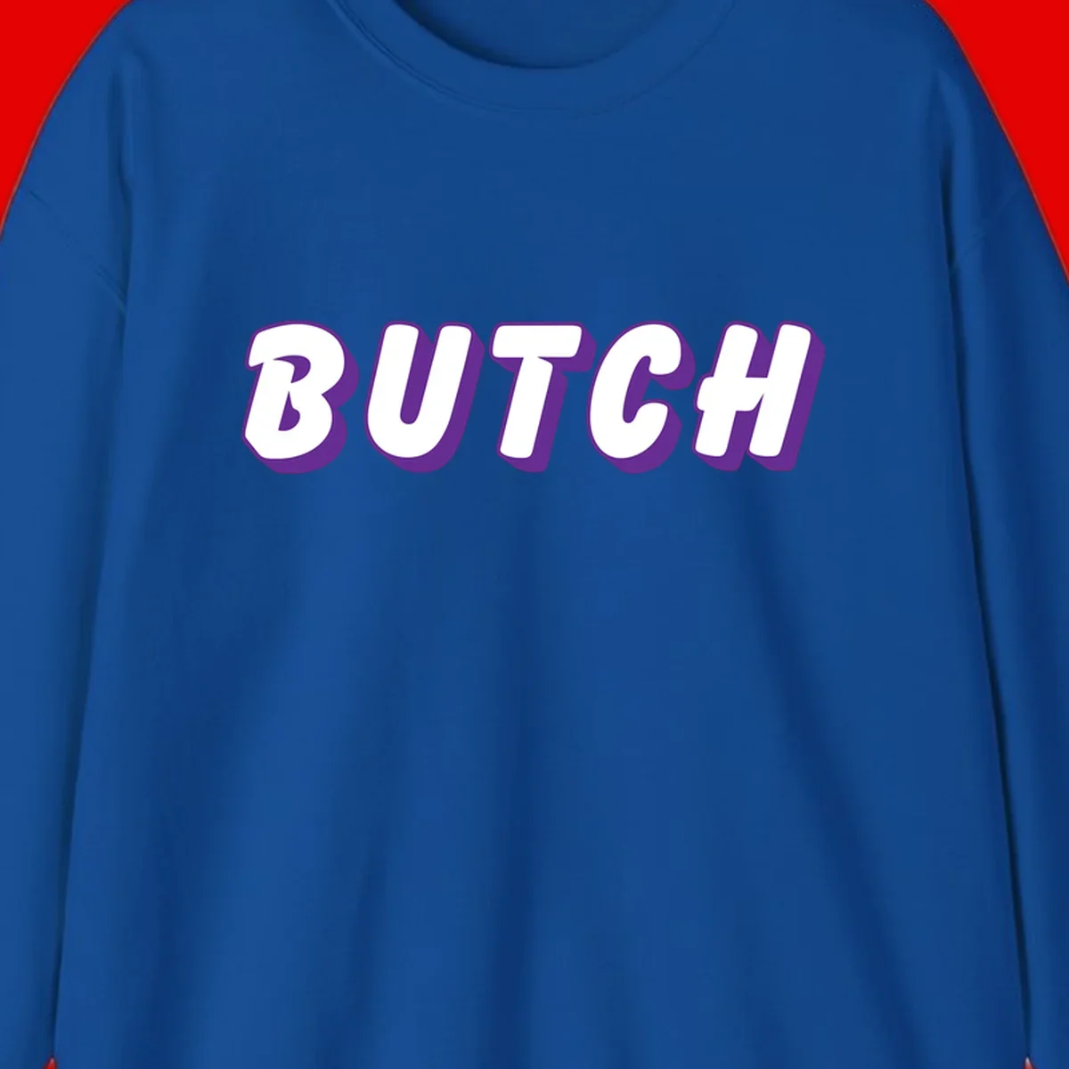 Bold purple and white 3D block letters spelling 'BUTCH' with shadow effect on gray background
