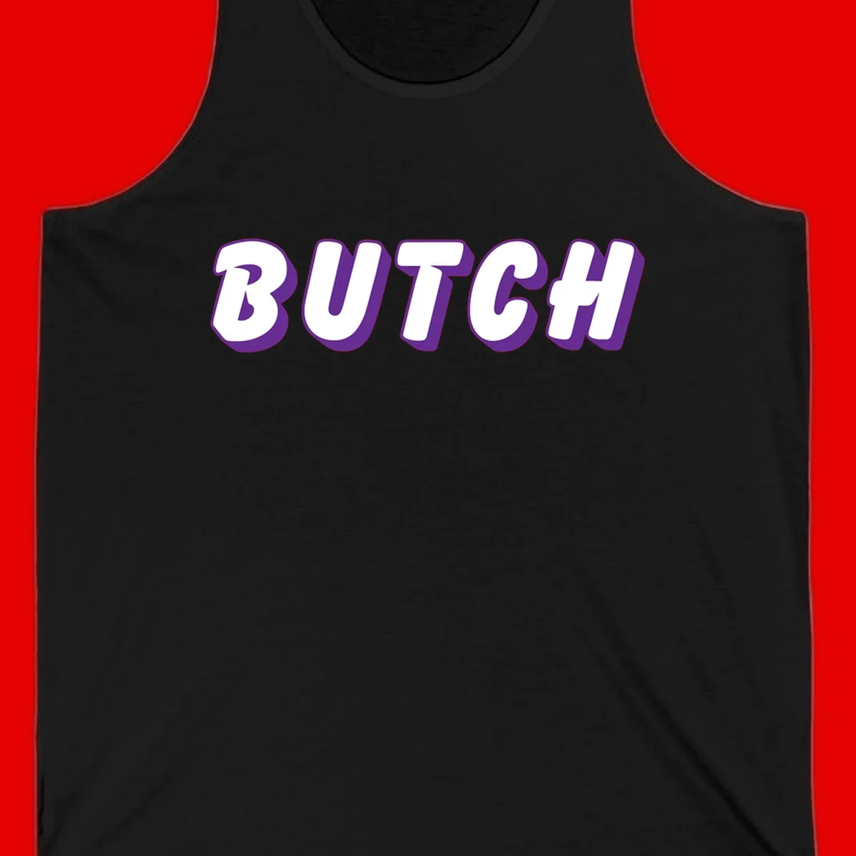 Bold purple and white 3D block letters spelling 'BUTCH' with shadow effect on gray background