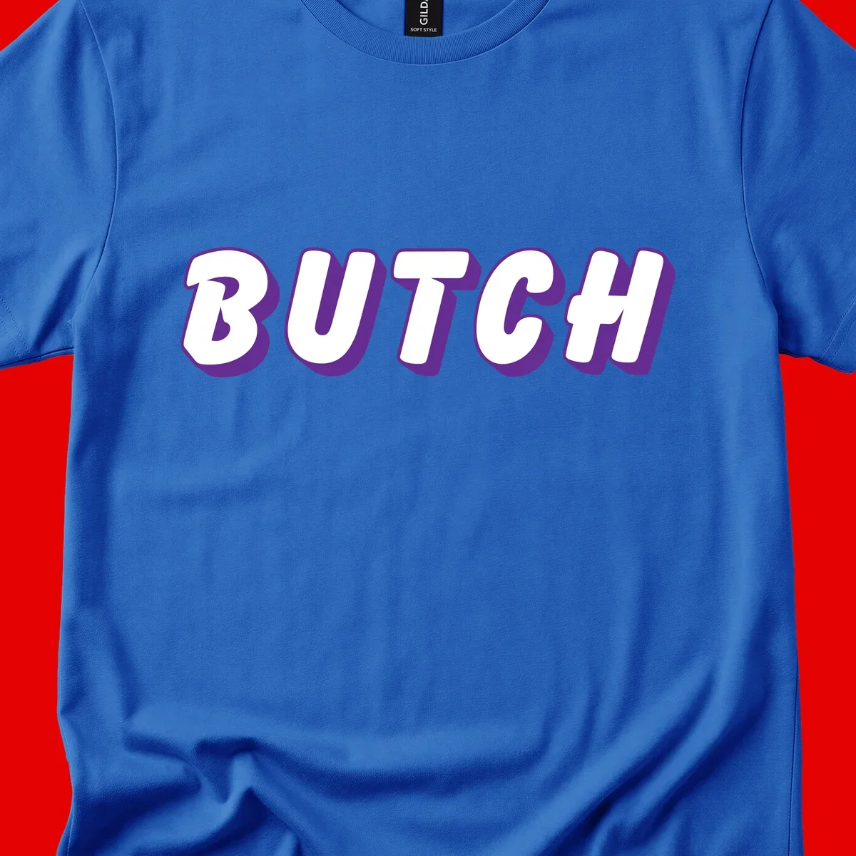 Bold purple and white 3D block letters spelling 'BUTCH' with shadow effect on gray background