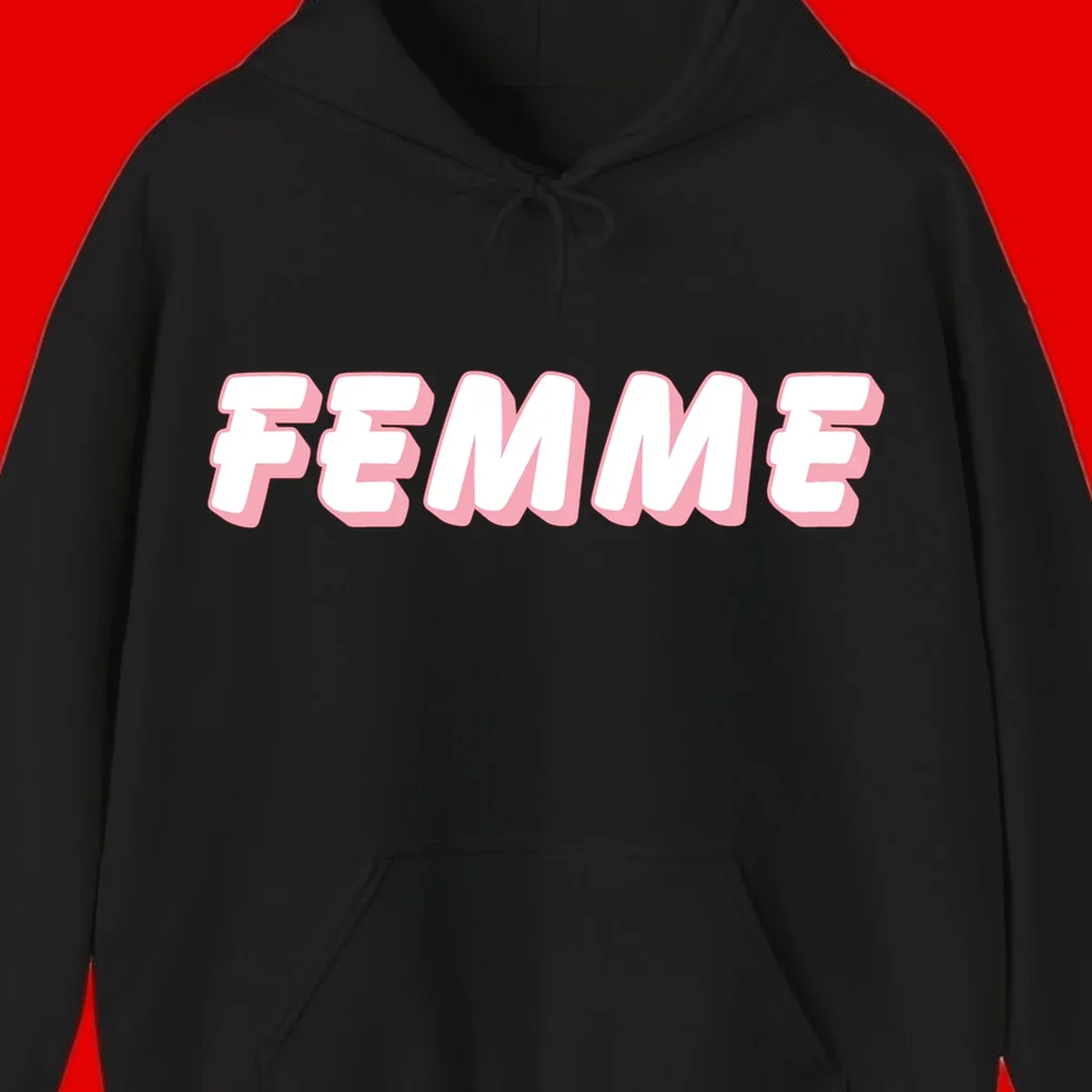 Bold 3D lettering spelling FEMME in white with pink dimensional shadowing on gray background