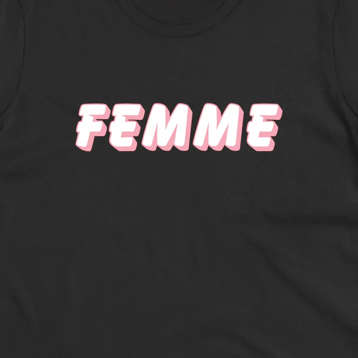 Bold 3D lettering spelling FEMME in white with pink dimensional shadowing on gray background