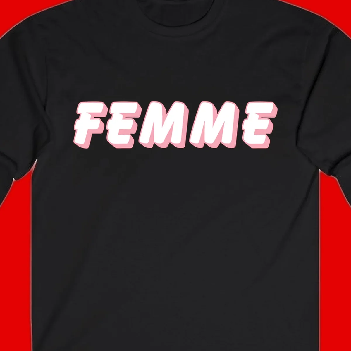 Bold 3D lettering spelling FEMME in white with pink dimensional shadowing on gray background