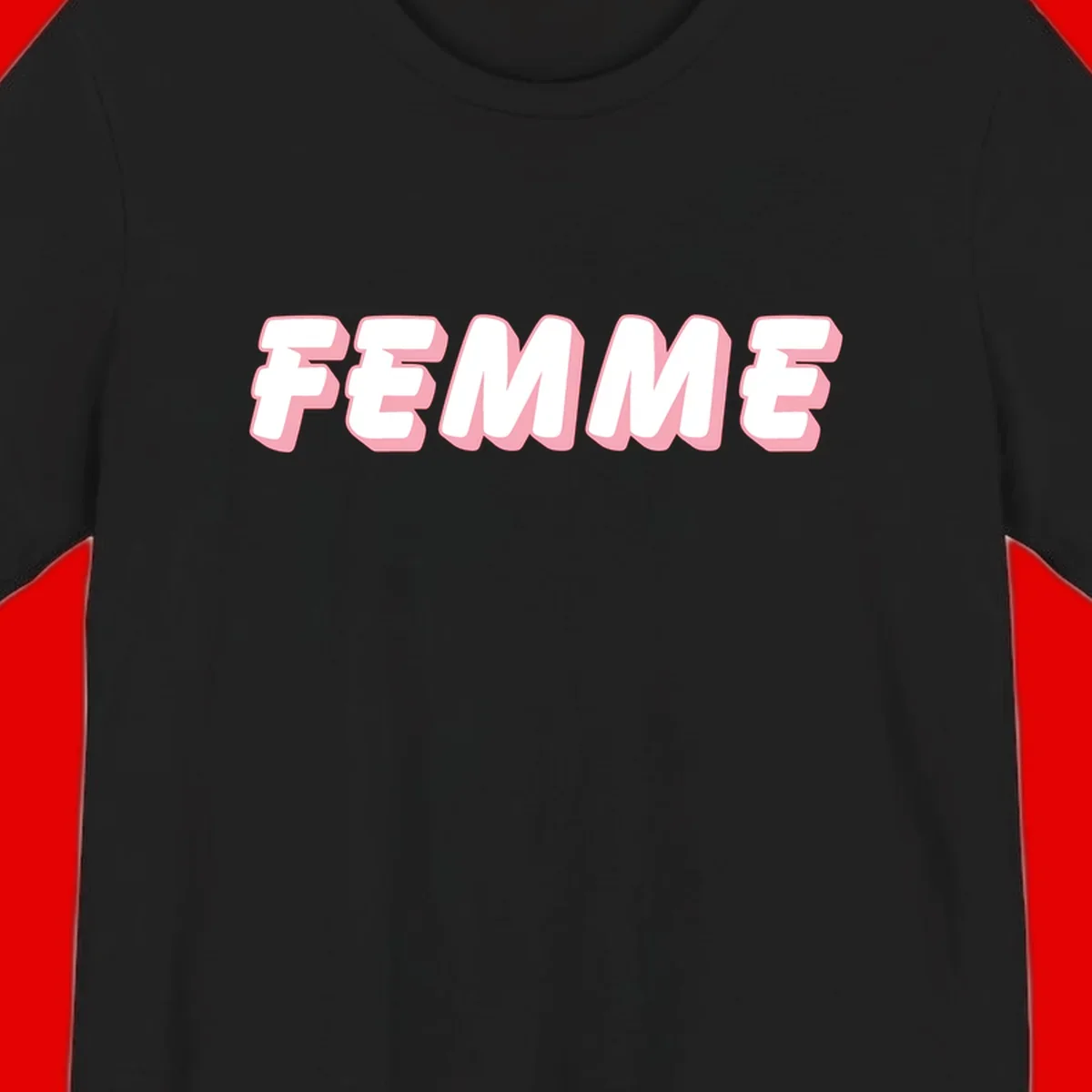 Bold 3D lettering spelling FEMME in white with pink dimensional shadowing on gray background