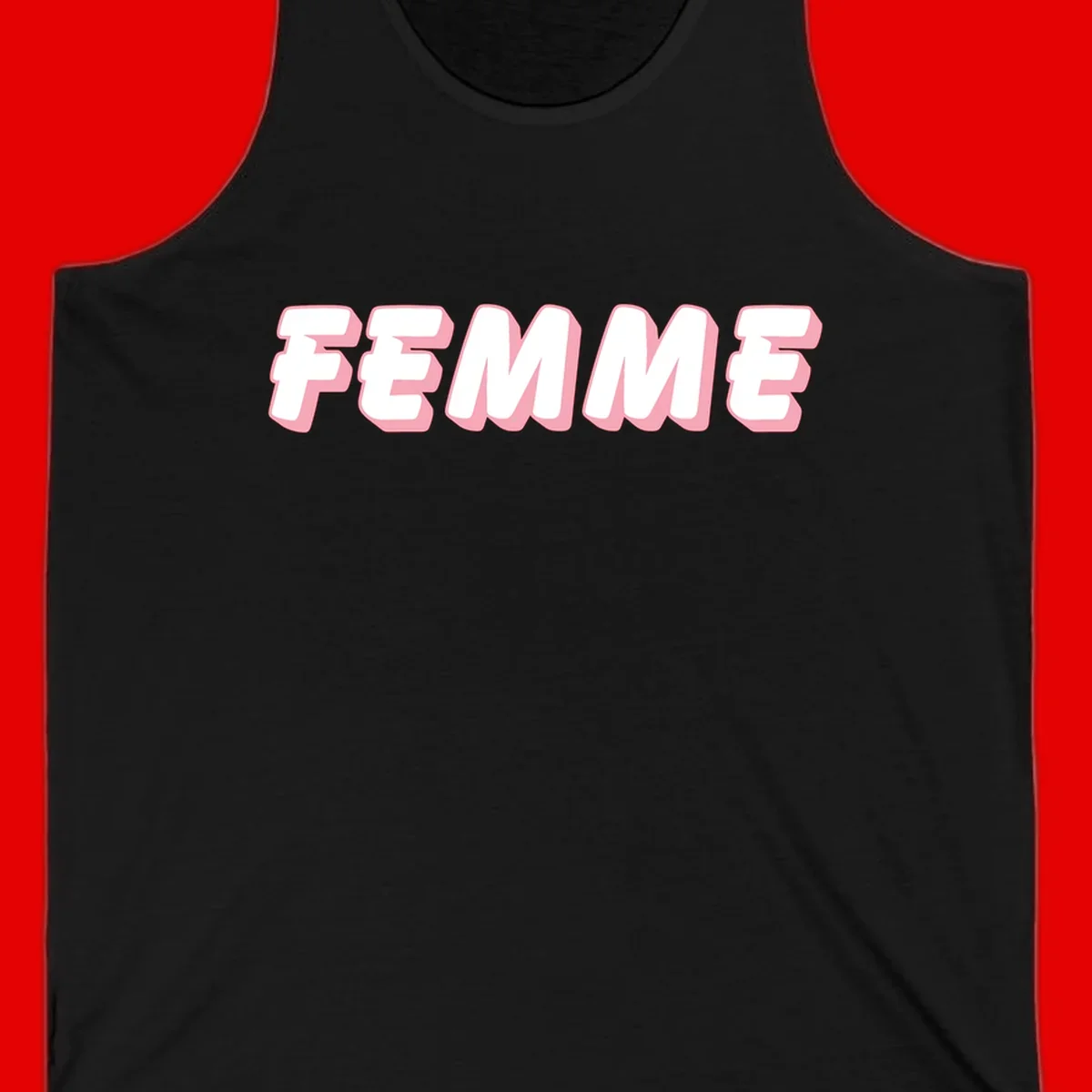 Bold 3D lettering spelling FEMME in white with pink dimensional shadowing on gray background