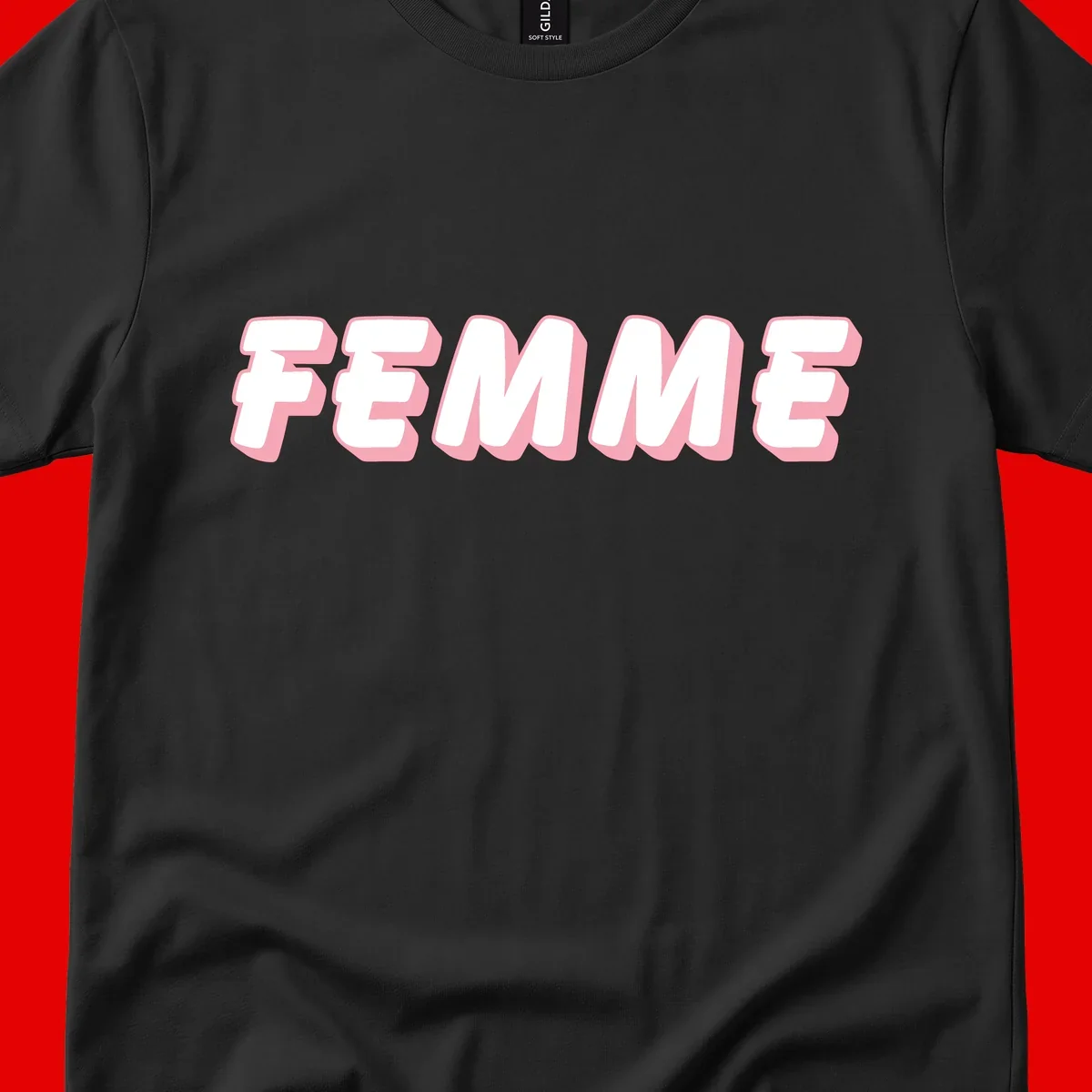 Bold 3D lettering spelling FEMME in white with pink dimensional shadowing on gray background