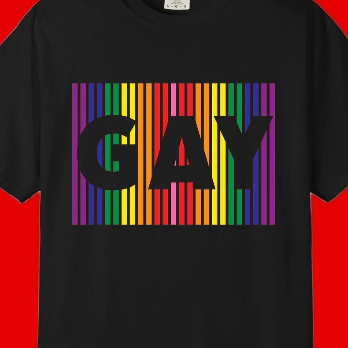 Rainbow pride cat silhouette with colorful vertical stripes in pride flag colors on gray background