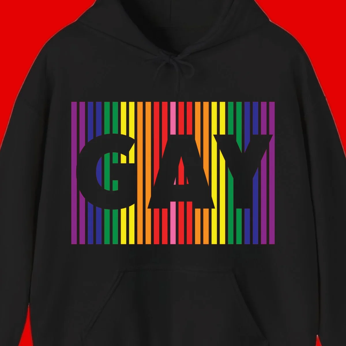 Rainbow pride cat silhouette with colorful vertical stripes in pride flag colors on gray background