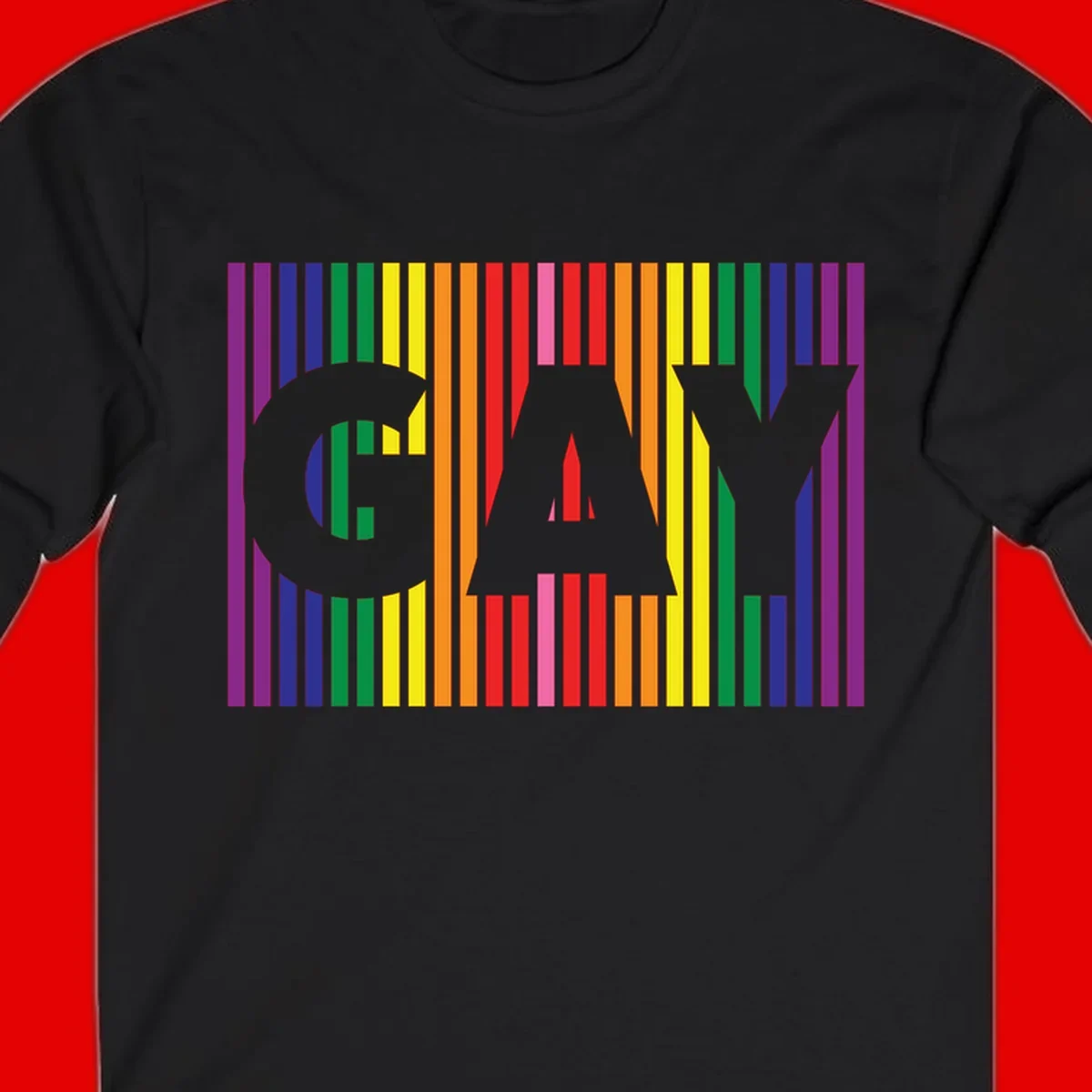 Rainbow pride cat silhouette with colorful vertical stripes in pride flag colors on gray background