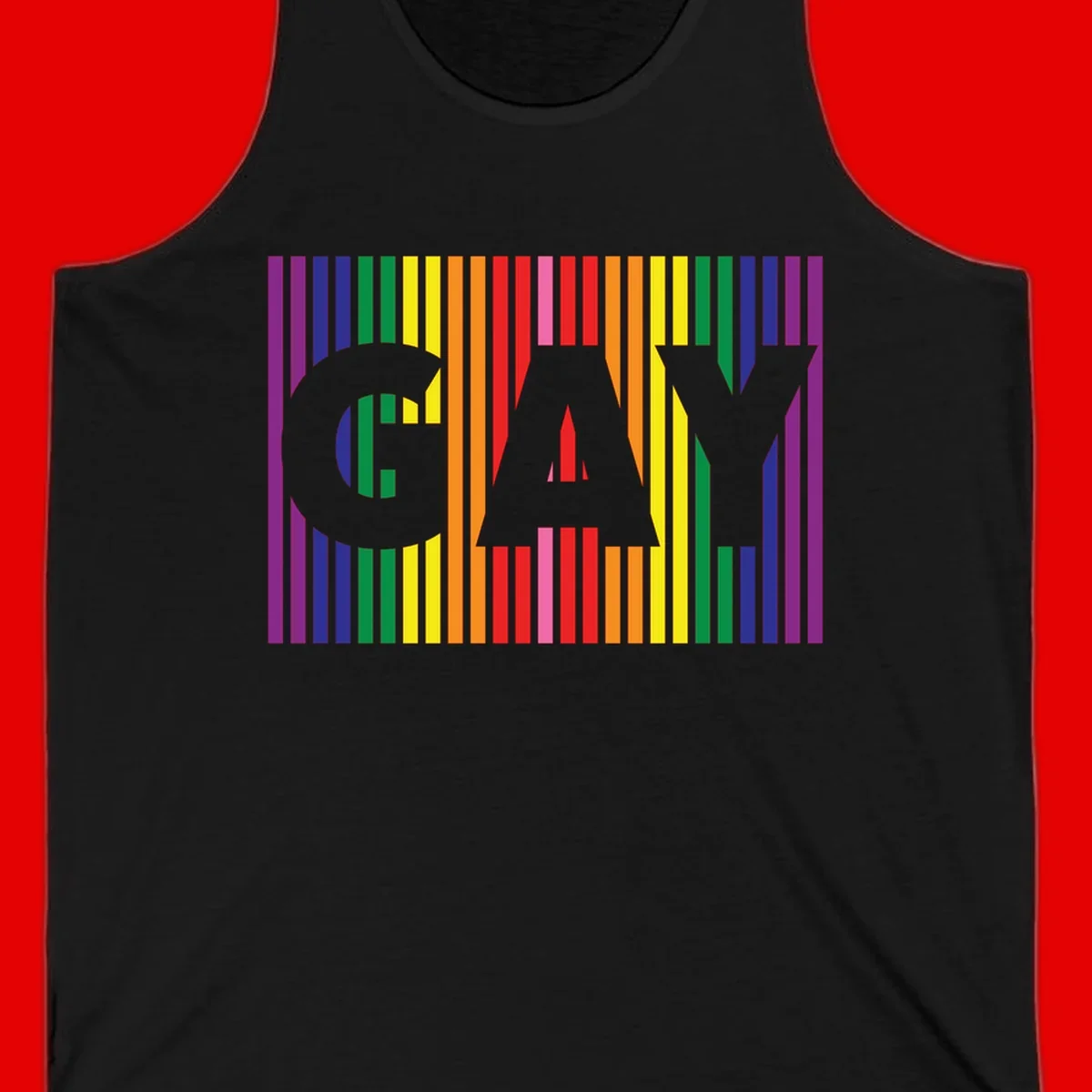 Rainbow pride cat silhouette with colorful vertical stripes in pride flag colors on gray background