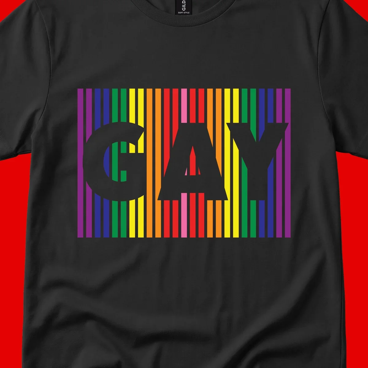 Rainbow pride cat silhouette with colorful vertical stripes in pride flag colors on gray background