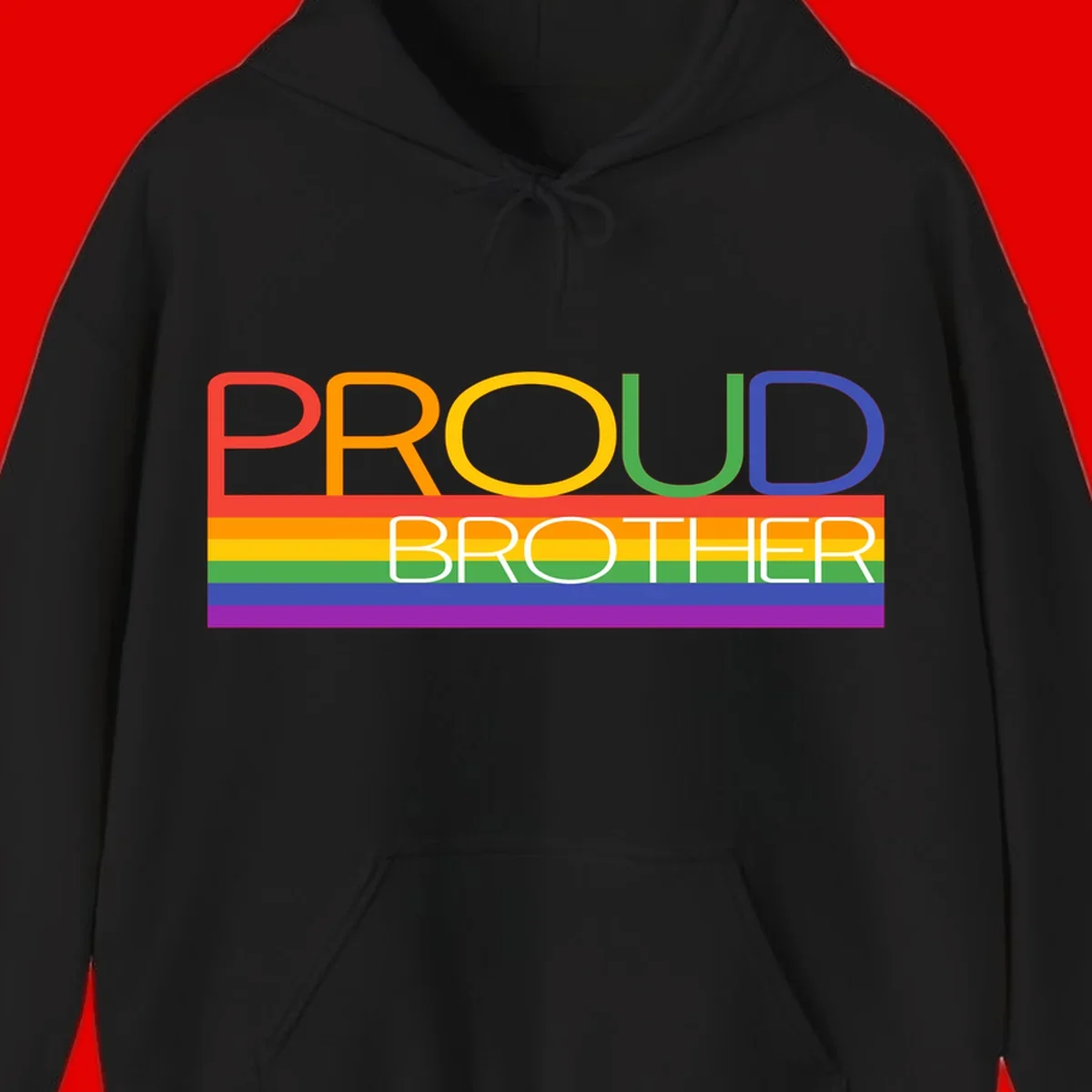 Proud Brother Pride design with colorful rainbow flag stripes and multicolored text celebrating LGBTQ+ pride and family support