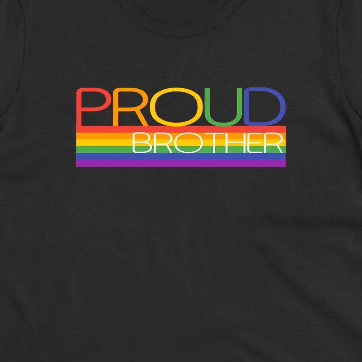 Proud Brother Pride design with colorful rainbow flag stripes and multicolored text celebrating LGBTQ+ pride and family support