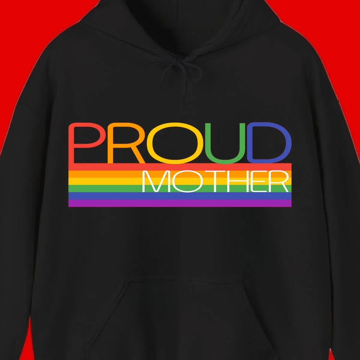 Colorful 'Proud Mother' text in red, orange, yellow, green, blue, and purple letters over horizontal rainbow pride flag stripes on gray background