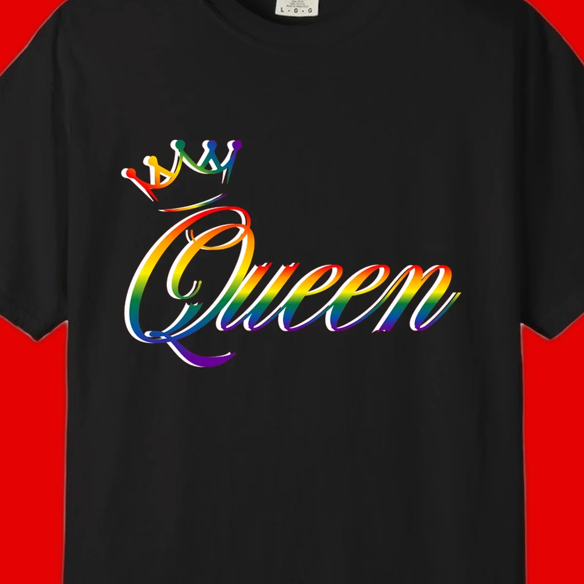 Rainbow queen pride design with four connected figures in pride colors and gradient text