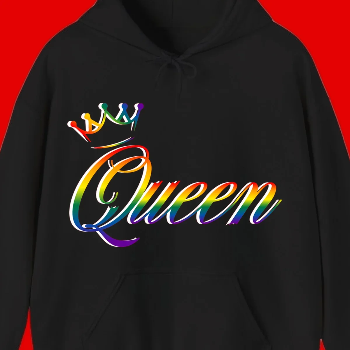 Rainbow queen pride design with four connected figures in pride colors and gradient text