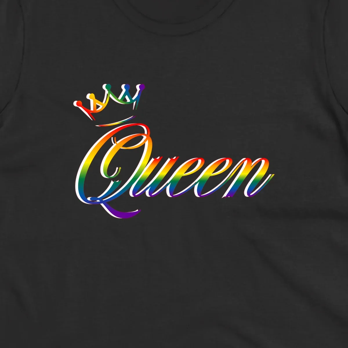 Rainbow queen pride design with four connected figures in pride colors and gradient text