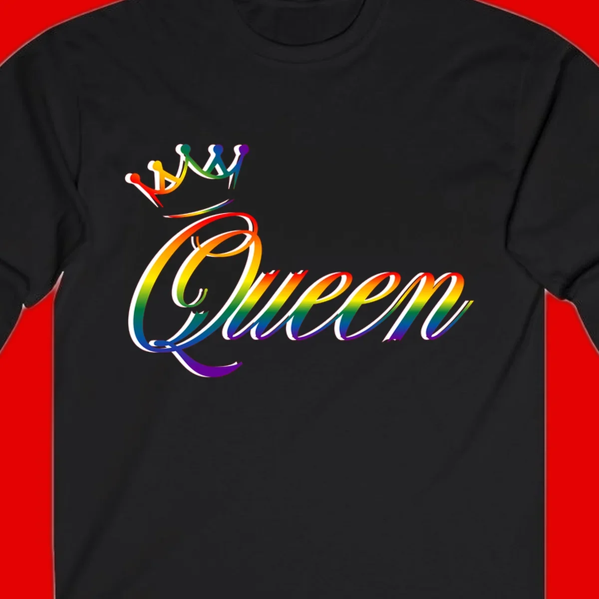 Rainbow queen pride design with four connected figures in pride colors and gradient text