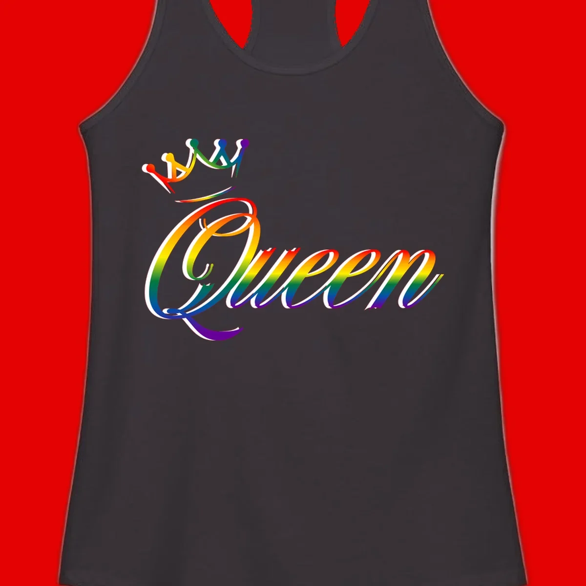 Rainbow queen pride design with four connected figures in pride colors and gradient text