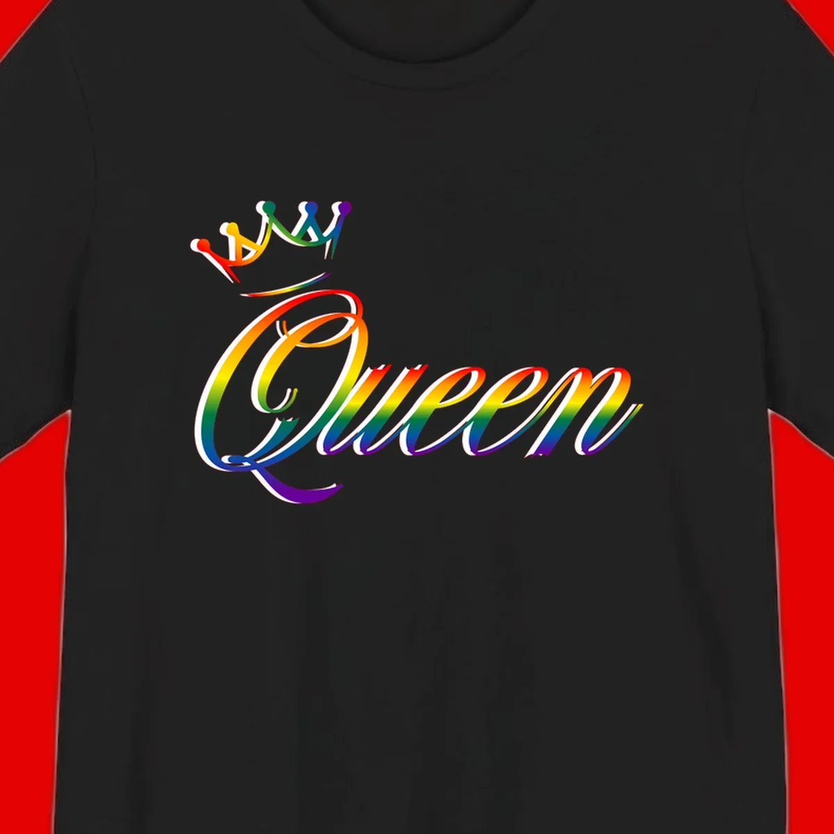 Rainbow queen pride design with four connected figures in pride colors and gradient text