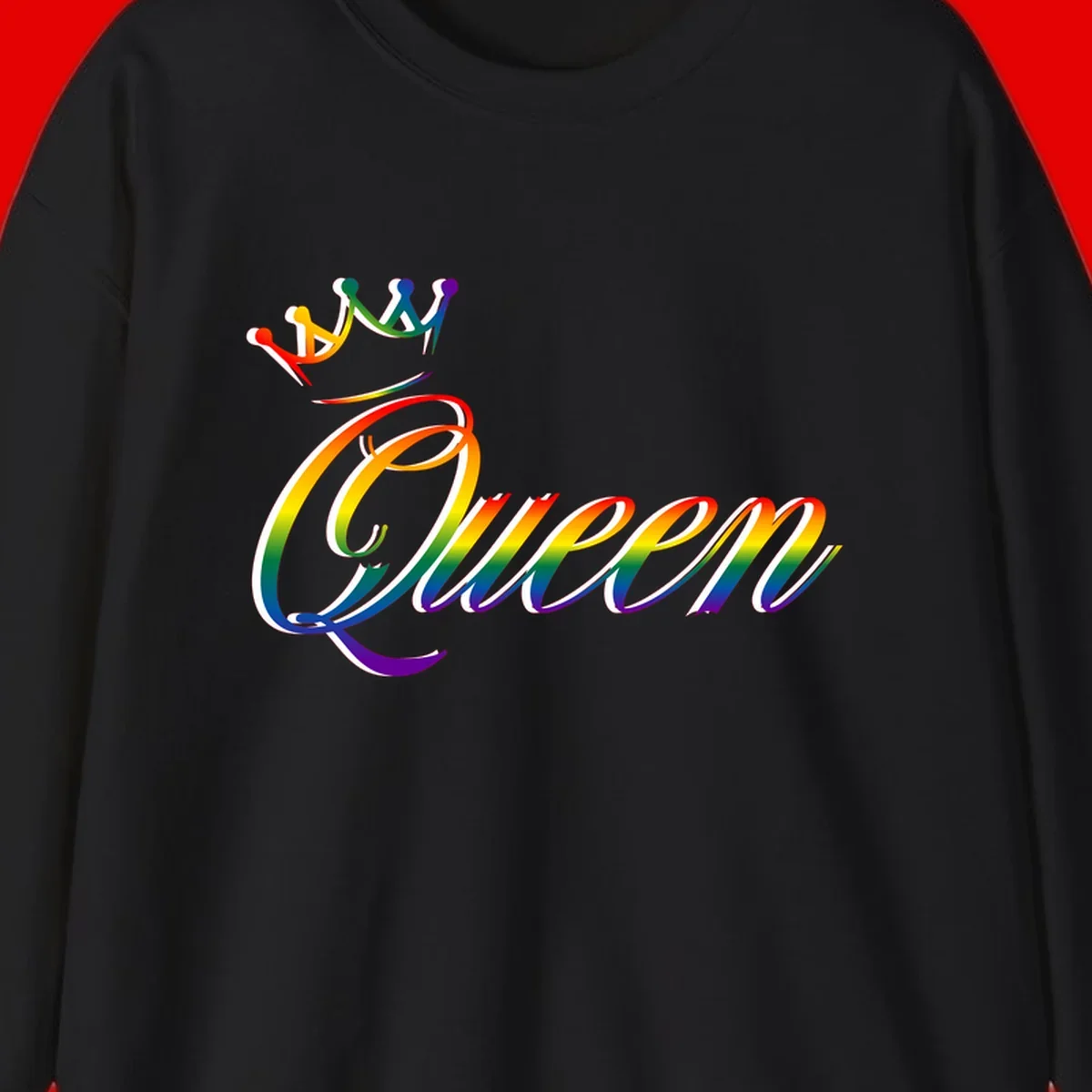 Rainbow queen pride design with four connected figures in pride colors and gradient text