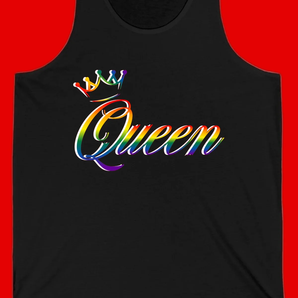 Rainbow queen pride design with four connected figures in pride colors and gradient text