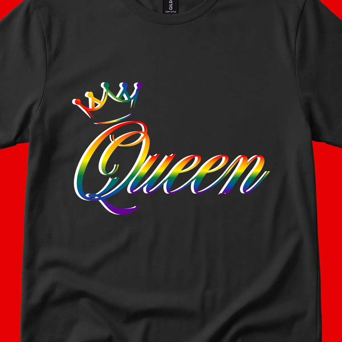 Rainbow queen pride design with four connected figures in pride colors and gradient text