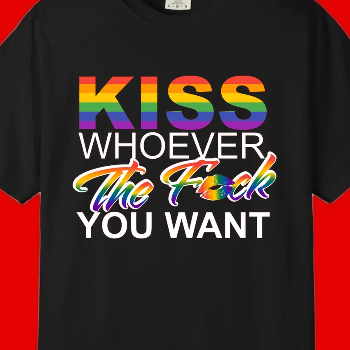 Rainbow pride flag design with kiss-whoever-you-want message, colorful lips graphic, and bold text celebrating LGBTQ love and acceptance