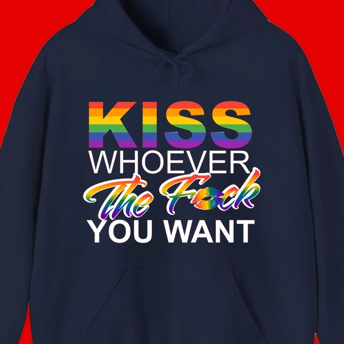 Rainbow pride flag design with kiss-whoever-you-want message, colorful lips graphic, and bold text celebrating LGBTQ love and acceptance