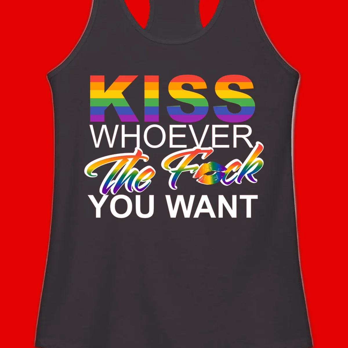 Rainbow pride flag design with kiss-whoever-you-want message, colorful lips graphic, and bold text celebrating LGBTQ love and acceptance