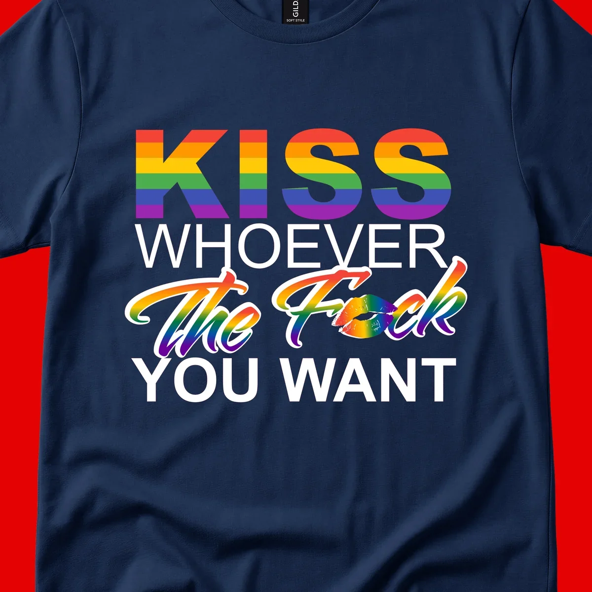 Rainbow pride flag design with kiss-whoever-you-want message, colorful lips graphic, and bold text celebrating LGBTQ love and acceptance