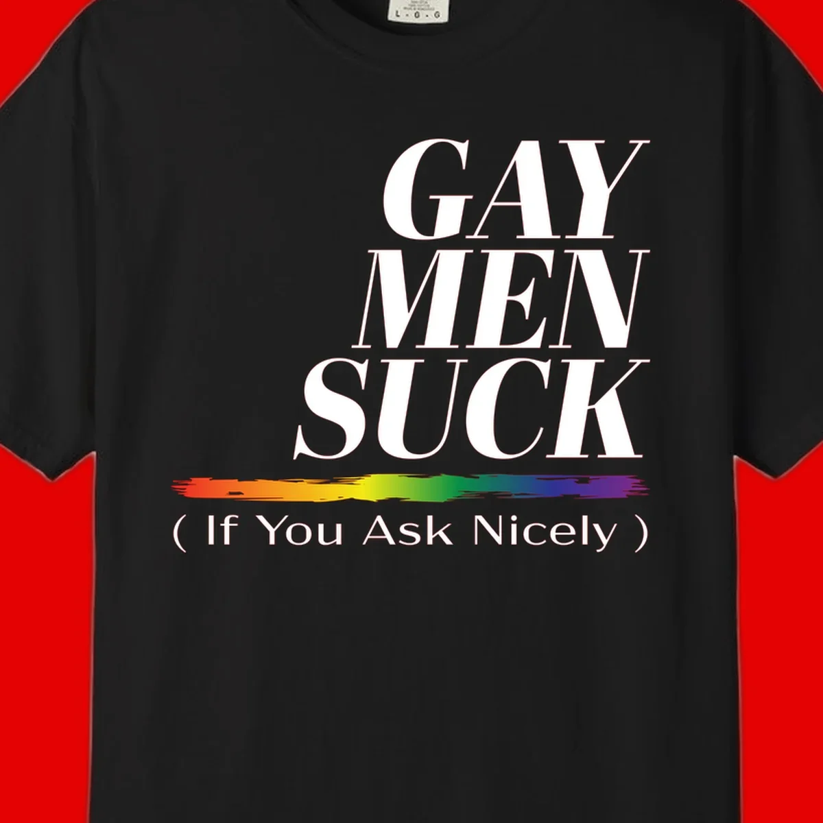 Gay men suck if you ask nicely pride design with white text and rainbow paint stroke accent on gray background