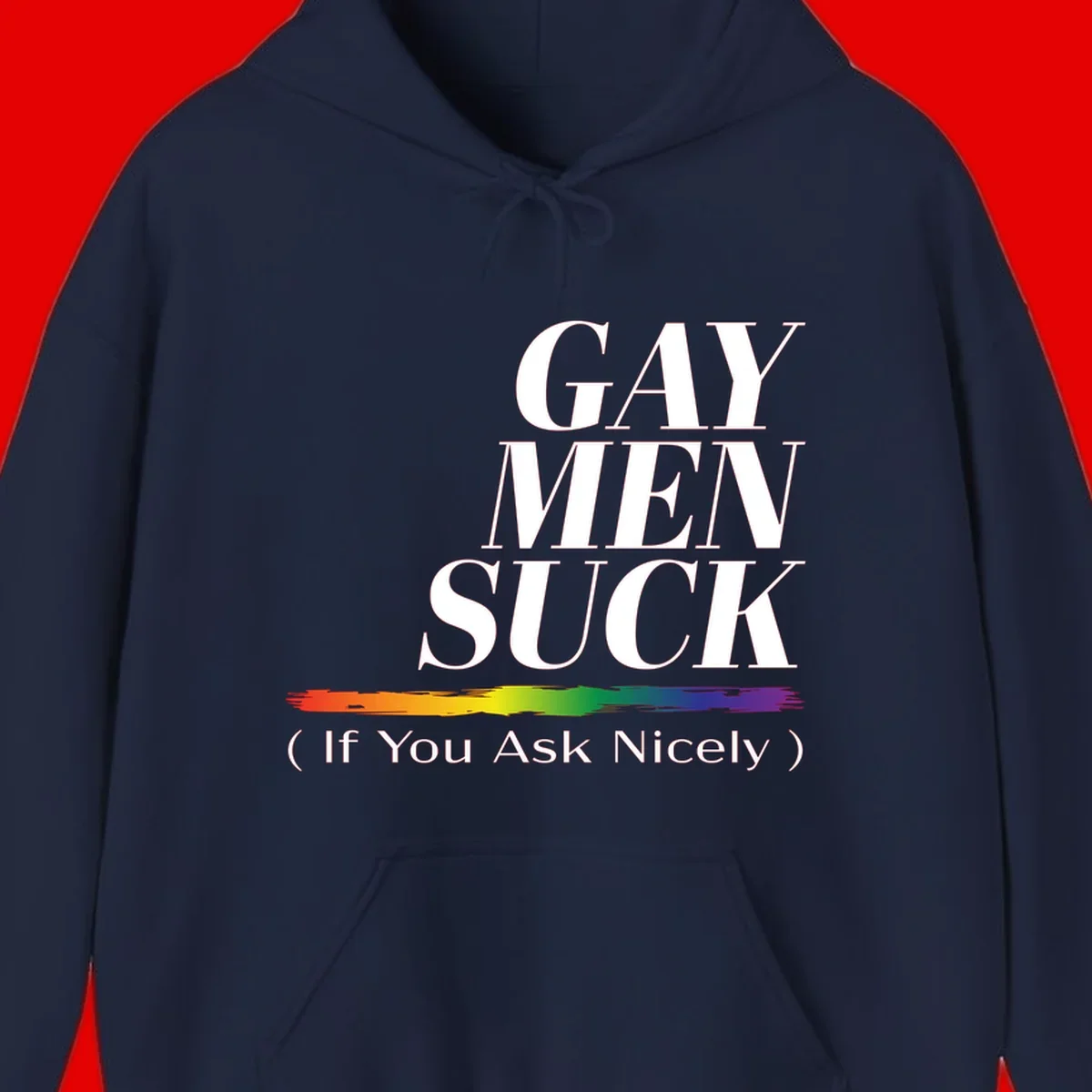 Gay men suck if you ask nicely pride design with white text and rainbow paint stroke accent on gray background