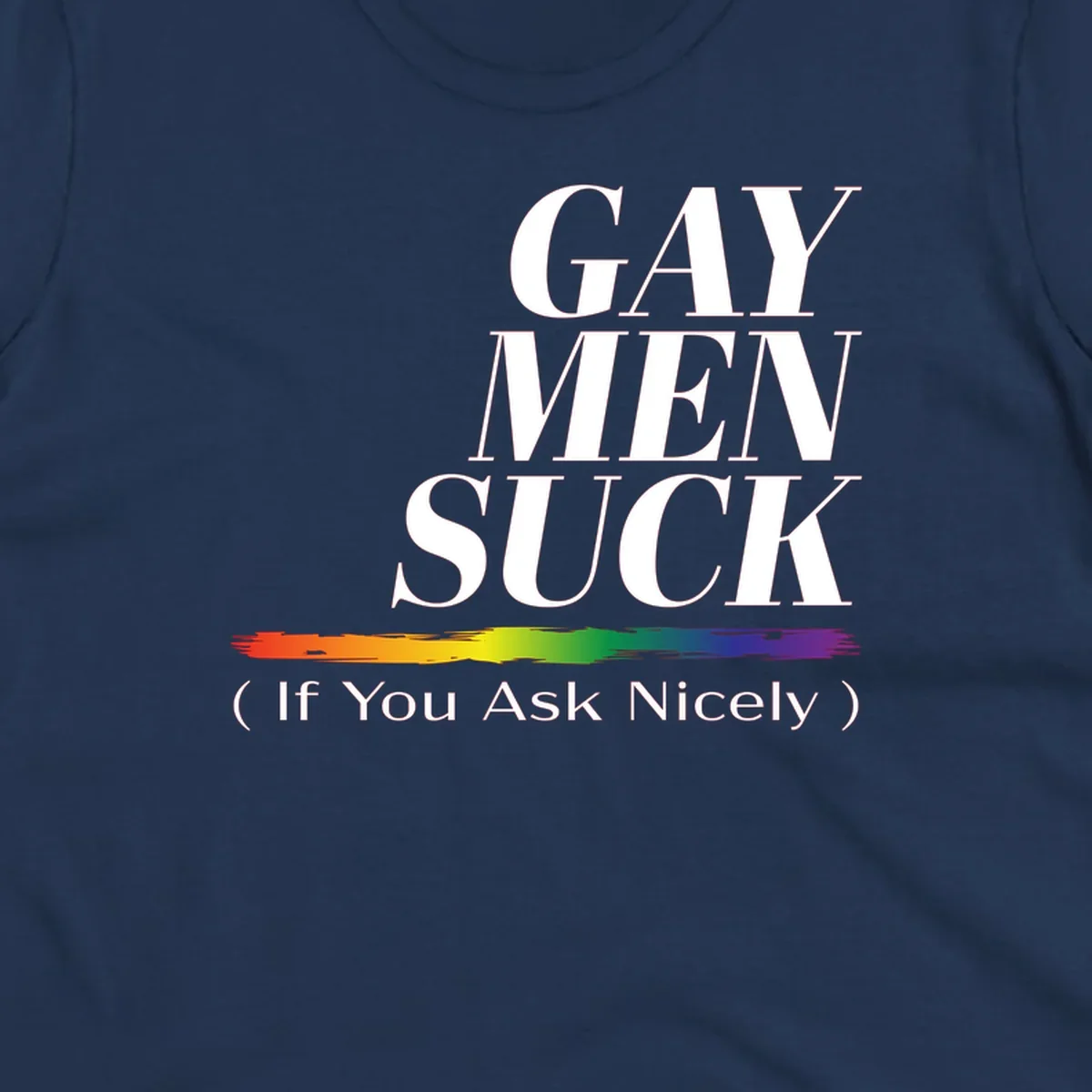 Gay men suck if you ask nicely pride design with white text and rainbow paint stroke accent on gray background