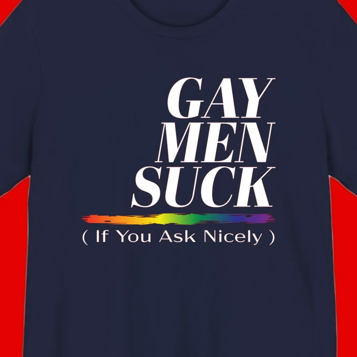 Gay men suck if you ask nicely pride design with white text and rainbow paint stroke accent on gray background