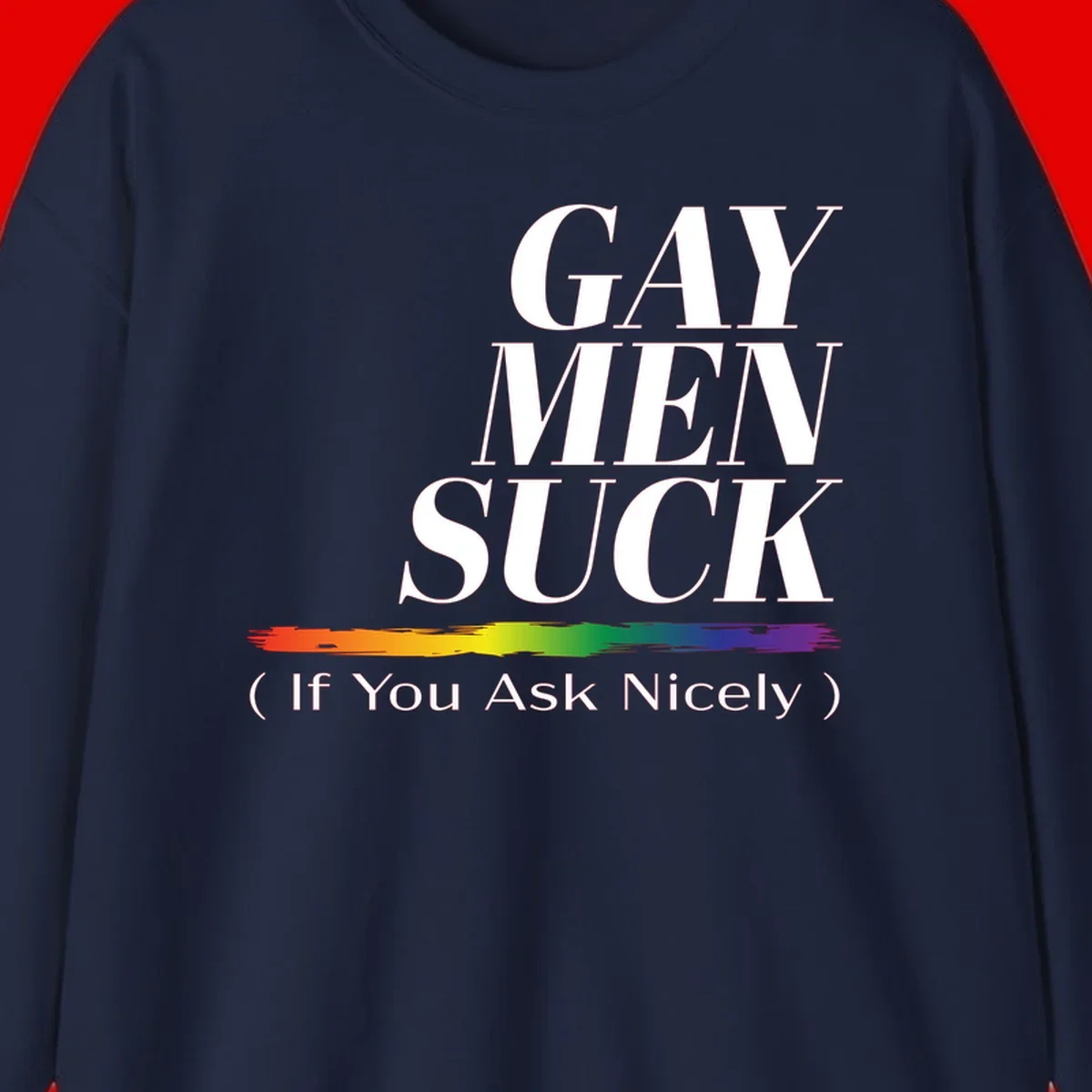 Gay men suck if you ask nicely pride design with white text and rainbow paint stroke accent on gray background