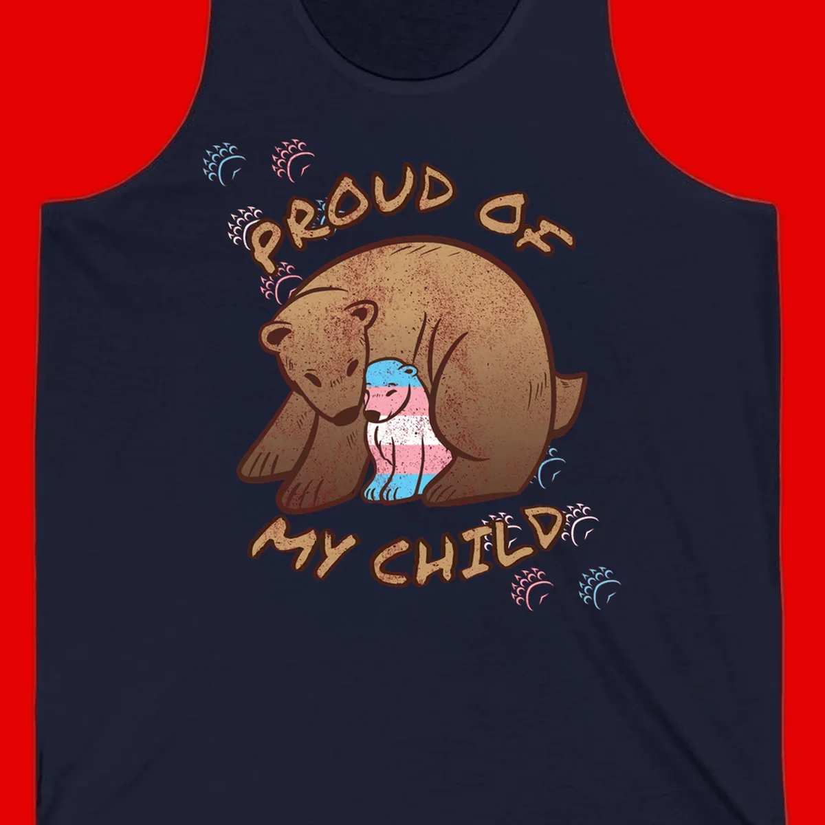 Brown bear holding a cub with blue, pink and white stripes, surrounded by 'Proud As My Chubby' text and decorative wave designs celebrating transgender pride