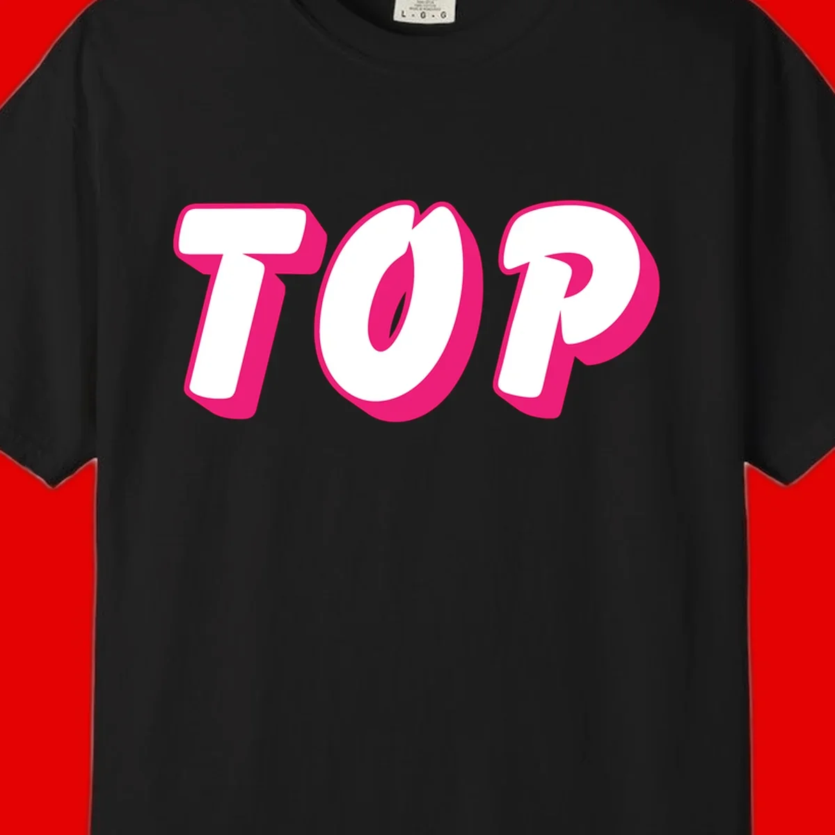 Bold hot pink TOP typography with 3D dimensional shadow effect and white lettering on gray background