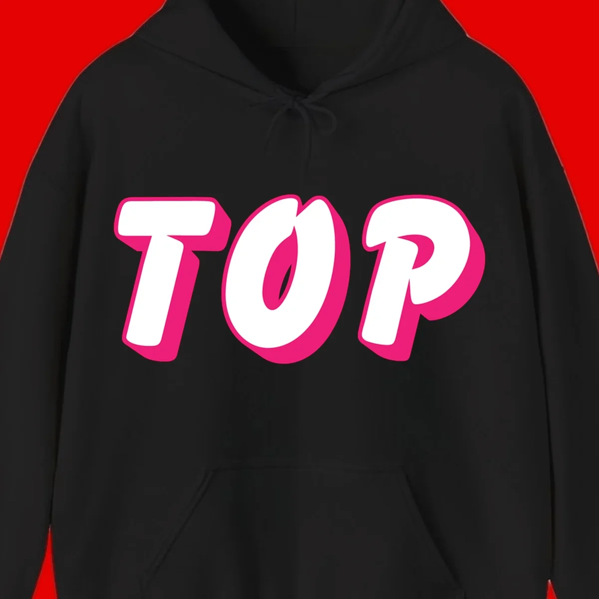 Bold hot pink TOP typography with 3D dimensional shadow effect and white lettering on gray background