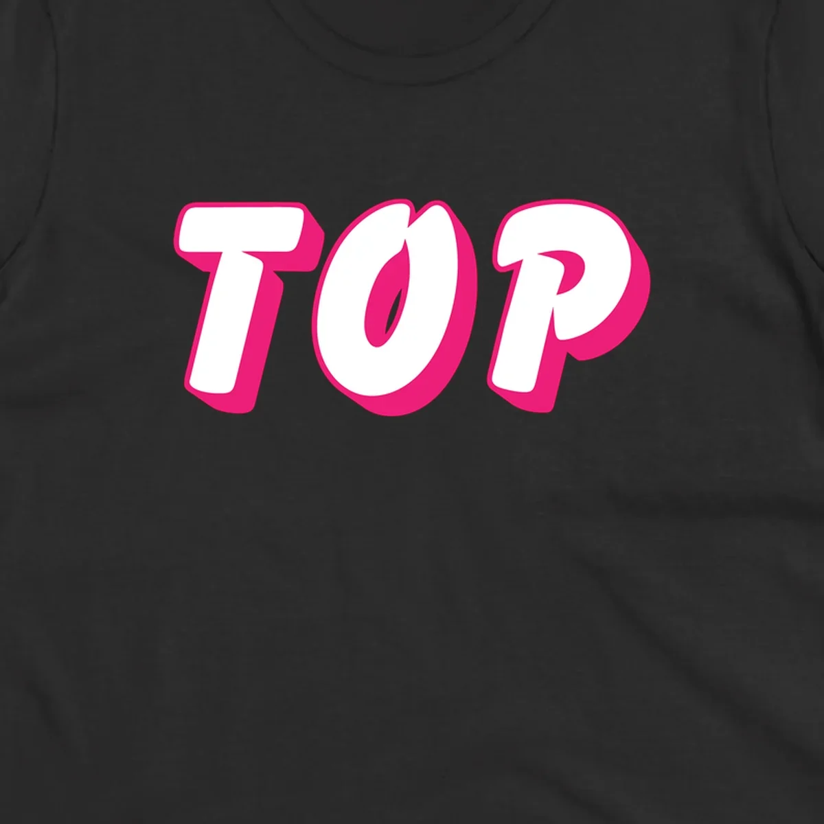 Bold hot pink TOP typography with 3D dimensional shadow effect and white lettering on gray background