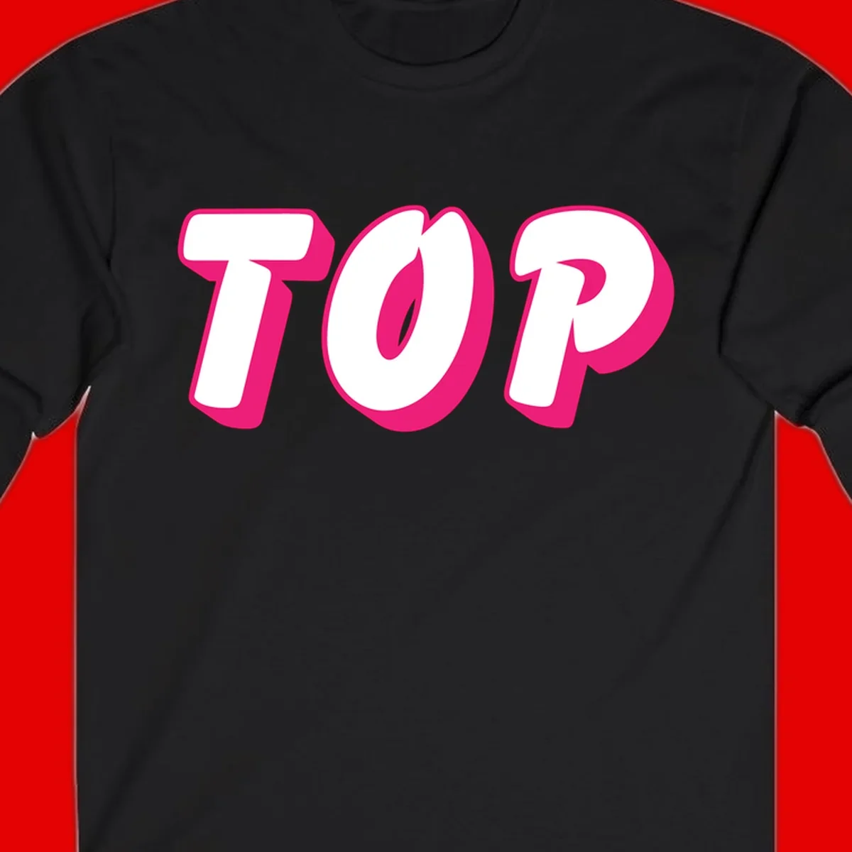 Bold hot pink TOP typography with 3D dimensional shadow effect and white lettering on gray background