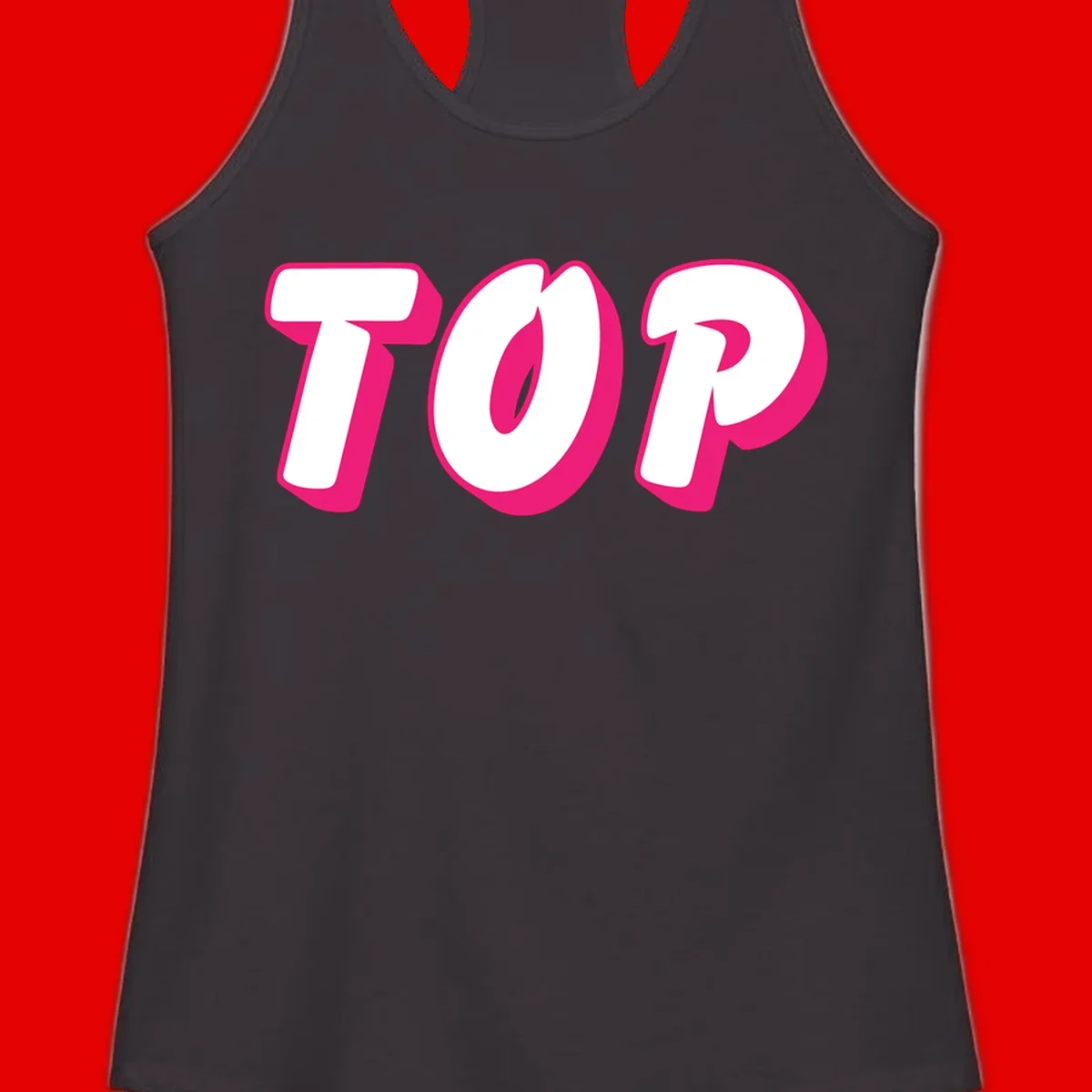 Bold hot pink TOP typography with 3D dimensional shadow effect and white lettering on gray background
